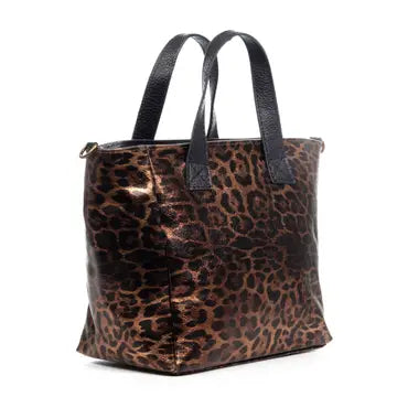 Cassandra tote tas. Echt leer Suède luipaard, gelakt