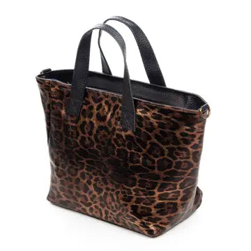 Cassandra tote tas. Echt leer Suède luipaard, gelakt