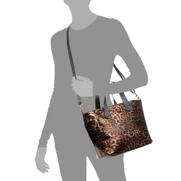 Cassandra tote tas. Echt leer Suède luipaard, gelakt